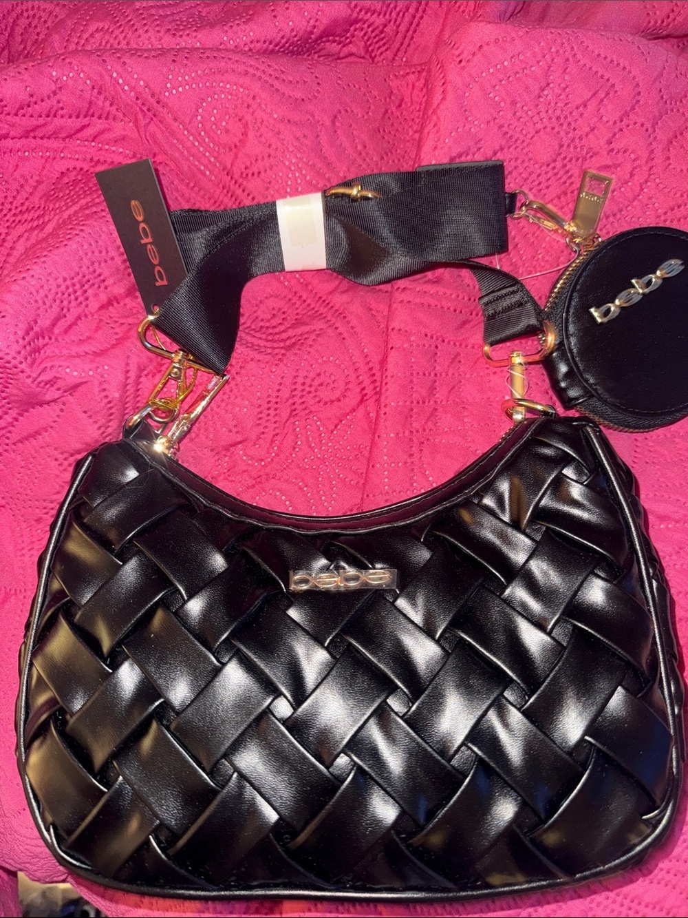 bebe Black Woven Shoulder Bag with Coin Pouch and Ribbon Strap